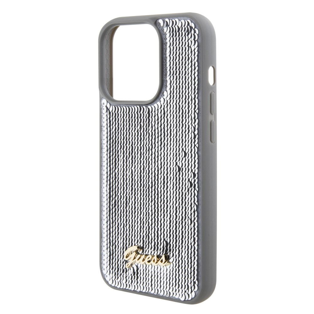 iPhone 15 Pro Max Case Hülle - Guess Anti-Stress Wendepailletten mit goldenem Metalllogo - Silber