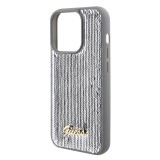 iPhone 15 Pro Max Case Hülle - Guess Anti-Stress Wendepailletten mit goldenem Metalllogo - Silber
