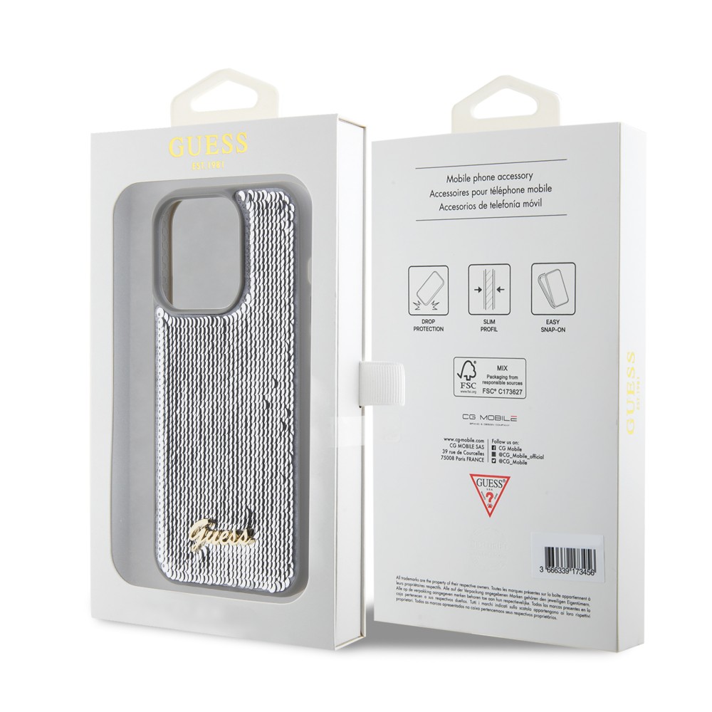 iPhone 15 Pro Max Case Hülle - Guess Anti-Stress Wendepailletten mit goldenem Metalllogo - Silber