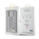 iPhone 15 Pro Max Case Hülle - Guess Anti-Stress Wendepailletten mit goldenem Metalllogo - Silber