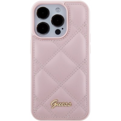 iPhone 15 Pro Case Hülle - Guess Kunstleder-Fleece in Karomuster und goldfarbener Metallic-Logoprägung - Hellrosa