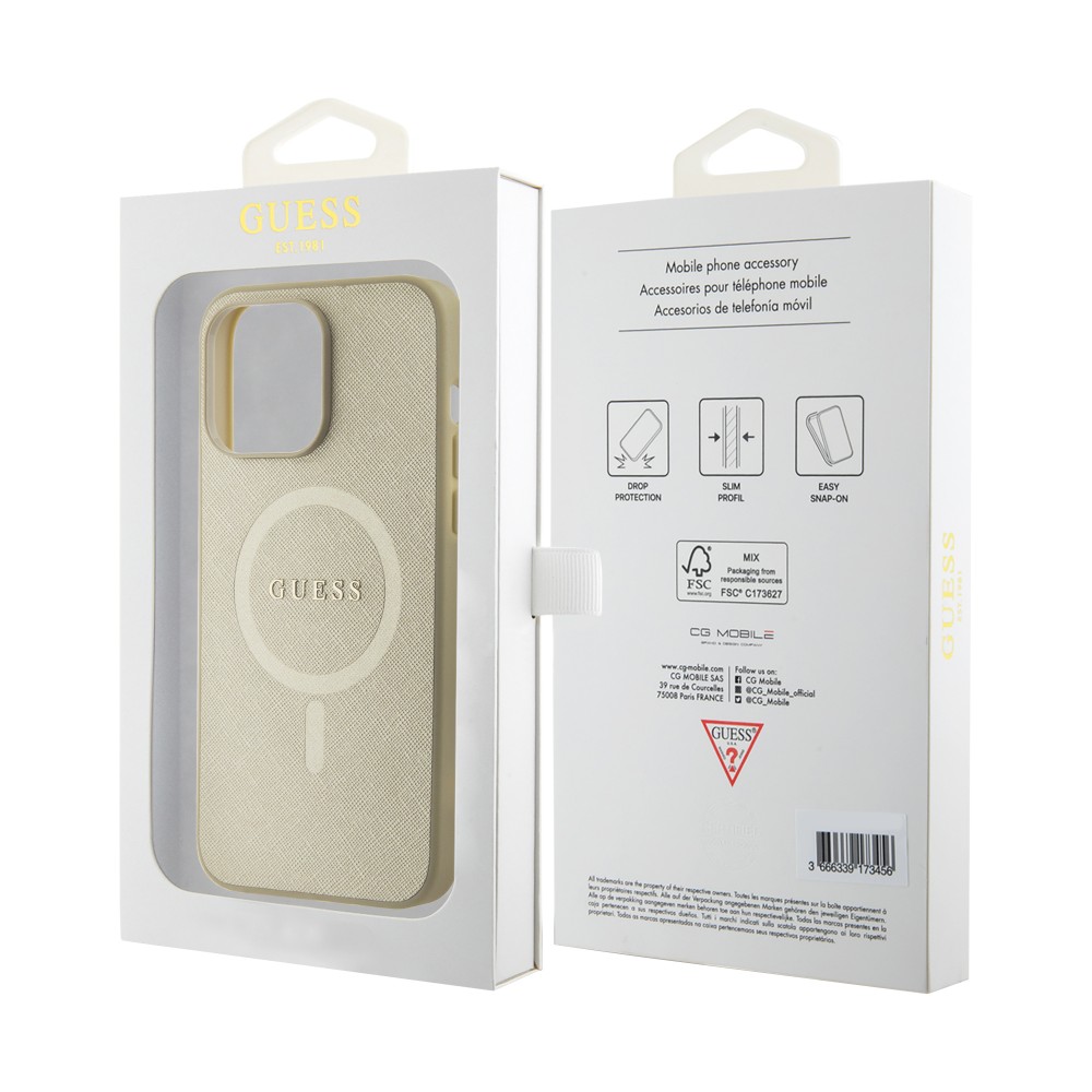 iPhone 15 Pro Case Hülle - Guess Kunstleder Saffiano Gold Metall-Logo und MagSafe - Gold