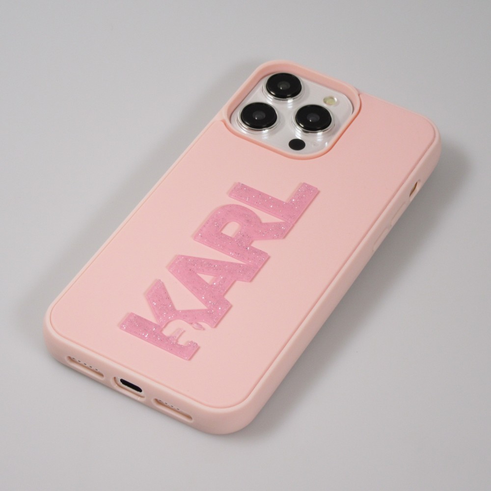 iPhone 15 Pro Max Case Hülle - Karl Lagerfeld mattes Silikon mit glitzerndem 3D-Logo - Rosa