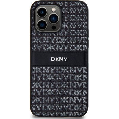 iPhone 15 Pro Max Case H&uuml;lle - DKNY Silikon Kunstleder Monogramm Metall-Logo - Schwarz