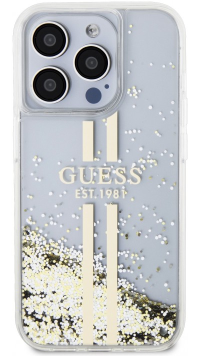 iPhone 15 Pro Max Case Hülle - Guess starres Gel flüssiger Glitter in Gold und Silber mit goldenem Logo - Transparent