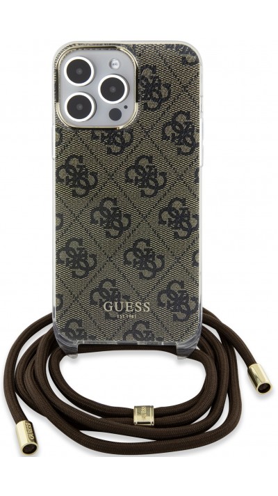 iPhone 15 Pro Max Case Hülle - Guess Monogramm in Lackoptik mit integriertem verstellbarem Riemen - Braun
