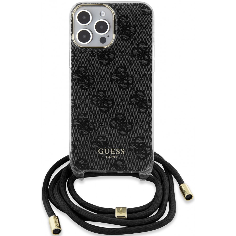 iPhone 15 Pro Max Case Hülle - Guess Monogramm in Lackoptik mit integriertem verstellbarem Riemen - Grau