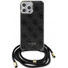iPhone 15 Pro Max Case Hülle - Guess Monogramm in Lackoptik mit integriertem verstellbarem Riemen - Grau