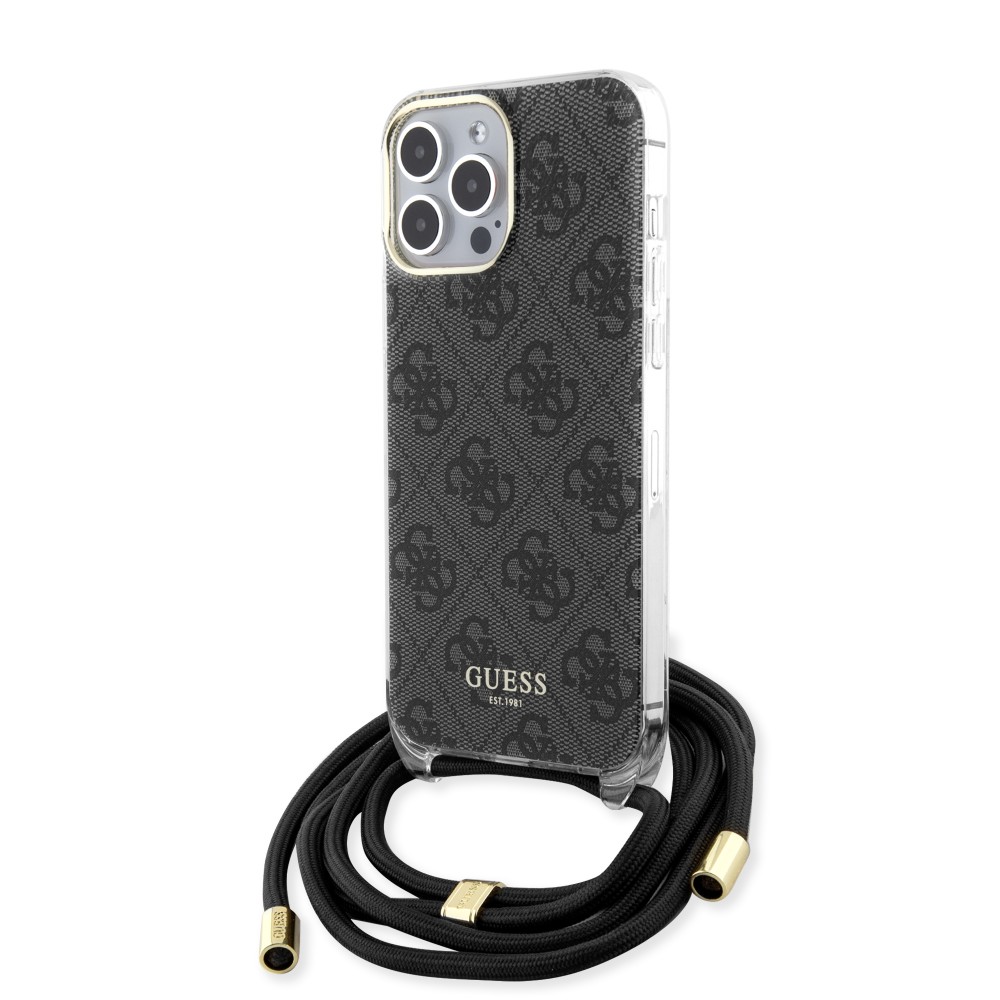iPhone 15 Pro Max Case Hülle - Guess Monogramm in Lackoptik mit integriertem verstellbarem Riemen - Grau