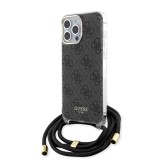 iPhone 15 Pro Max Case Hülle - Guess Monogramm in Lackoptik mit integriertem verstellbarem Riemen - Grau