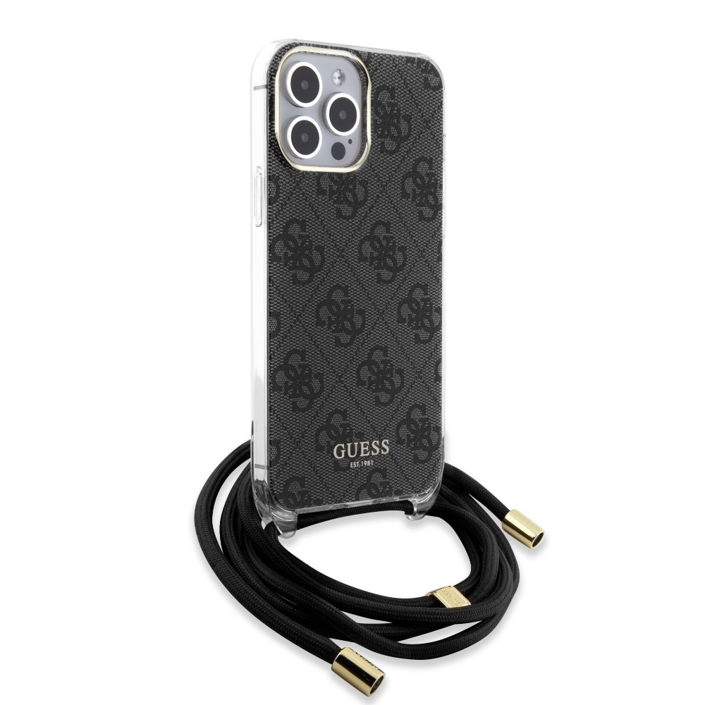 iPhone 15 Pro Max Case Hülle - Guess Monogramm in Lackoptik mit integriertem verstellbarem Riemen - Grau