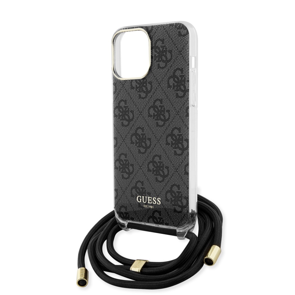 iPhone 15 Pro Max Case Hülle - Guess Monogramm in Lackoptik mit integriertem verstellbarem Riemen - Grau