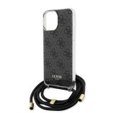 iPhone 15 Pro Max Case Hülle - Guess Monogramm in Lackoptik mit integriertem verstellbarem Riemen - Grau