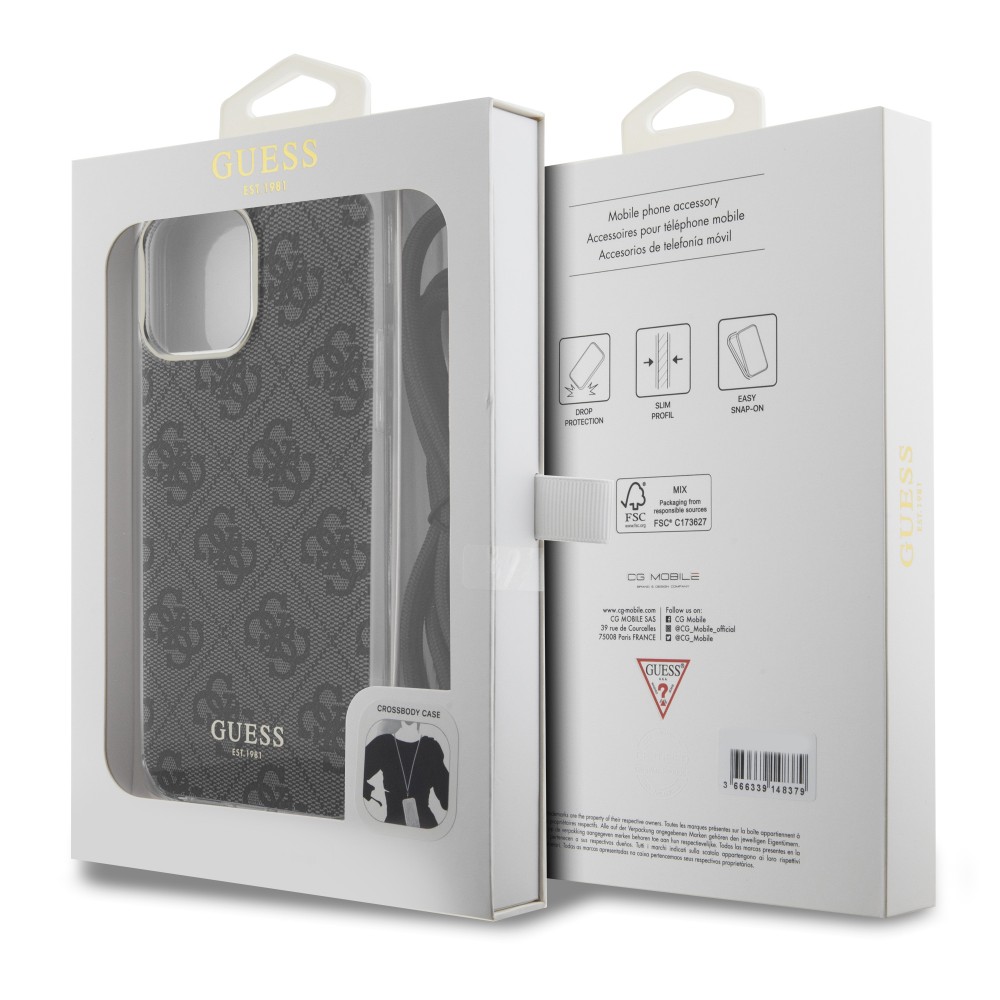 iPhone 15 Pro Max Case Hülle - Guess Monogramm in Lackoptik mit integriertem verstellbarem Riemen - Grau