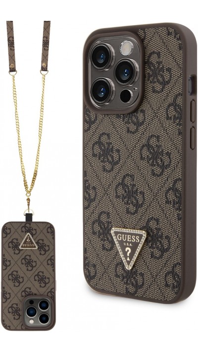 iPhone 15 Pro Max Case Hülle - Guess Monogramm Kunstleder Metall-Logo und Strass mit abnehmbarem Riemen - Braun