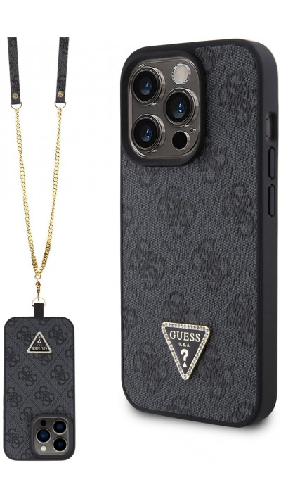 iPhone 15 Pro Max Case Hülle - Guess Monogramm Kunstleder Metall-Logo und Strass mit abnehmbarem Riemen - Schwarz