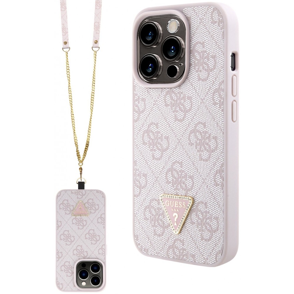 iPhone 15 Pro Case Hülle - Guess Monogramm Kunstleder Metall-Logo und Strass mit abnehmbarem Riemen - Hellrosa
