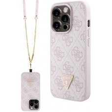 iPhone 15 Pro Case Hülle - Guess Monogramm Kunstleder Metall-Logo und Strass mit abnehmbarem Riemen - Hellrosa