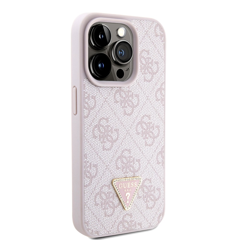 iPhone 15 Pro Case Hülle - Guess Monogramm Kunstleder Metall-Logo und Strass mit abnehmbarem Riemen - Hellrosa