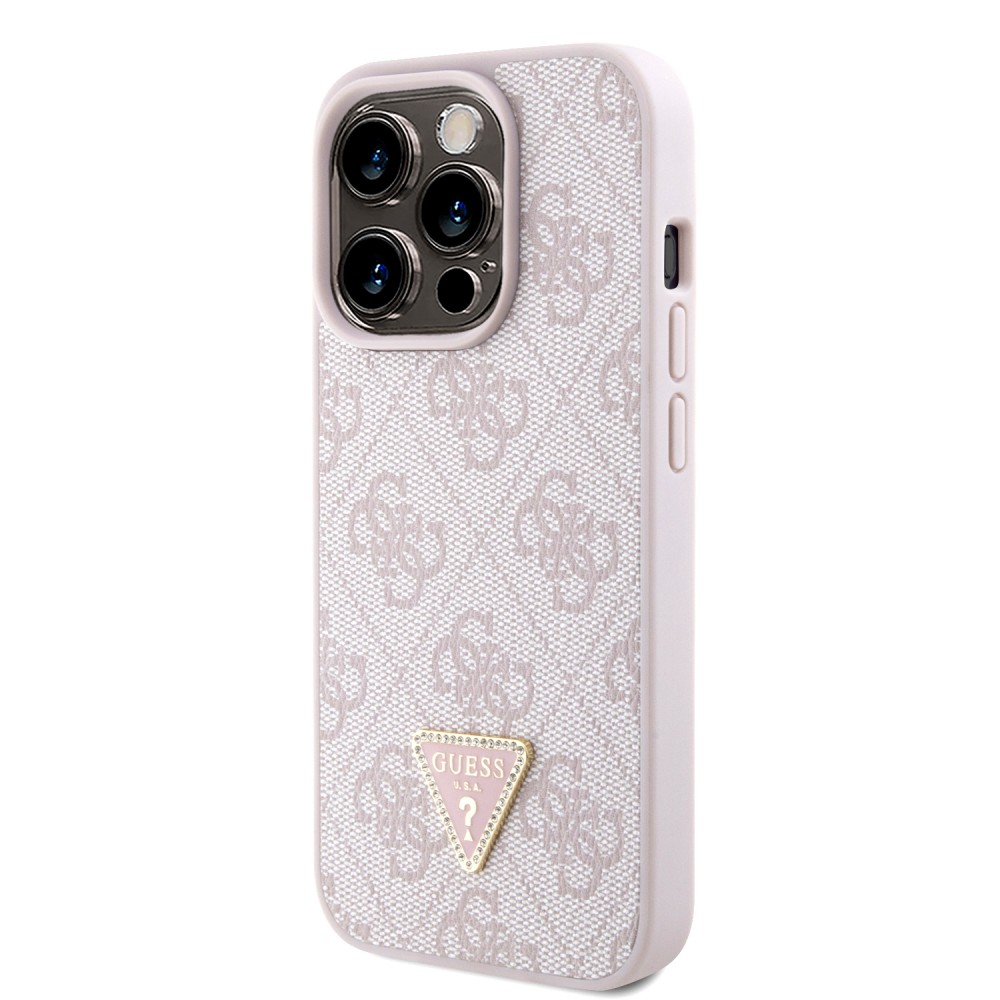iPhone 15 Pro Case Hülle - Guess Monogramm Kunstleder Metall-Logo und Strass mit abnehmbarem Riemen - Hellrosa