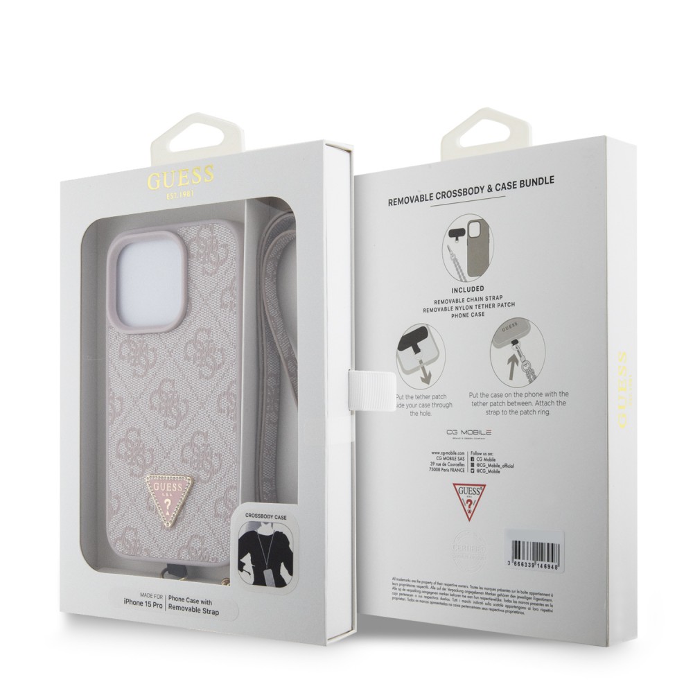 iPhone 15 Pro Case Hülle - Guess Monogramm Kunstleder Metall-Logo und Strass mit abnehmbarem Riemen - Hellrosa