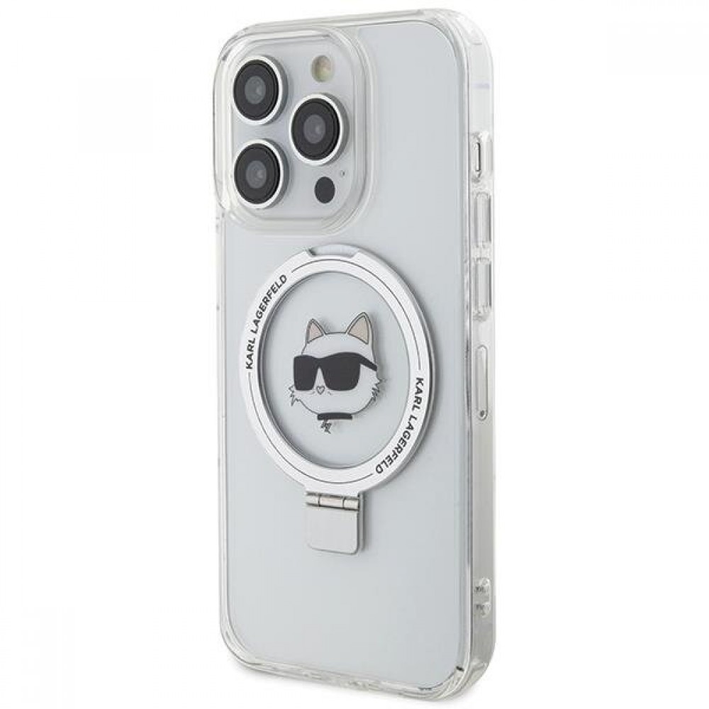 iPhone 15 Pro Max Case Hülle - Karl Lagerfeld Choupette gel rigide mit Ring MagSafe-Halter in silber - Transparent