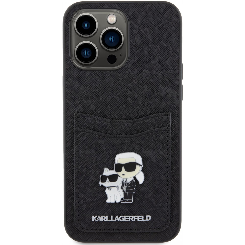 iPhone 15 Pro Case Hülle - Karl Lagerfeld und Choupette Kunstleder Saffiano mit integrierten Kartenhaltern und geprägtem Metalllogo - Schwarz