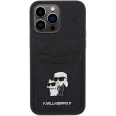iPhone 15 Pro Case Hülle - Karl Lagerfeld und Choupette Kunstleder Saffiano mit integrierten Kartenhaltern und geprägtem Metalllogo - Schwarz