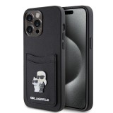 iPhone 15 Pro Case Hülle - Karl Lagerfeld und Choupette Kunstleder Saffiano mit integrierten Kartenhaltern und geprägtem Metalllogo - Schwarz