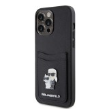 iPhone 15 Pro Case Hülle - Karl Lagerfeld und Choupette Kunstleder Saffiano mit integrierten Kartenhaltern und geprägtem Metalllogo - Schwarz