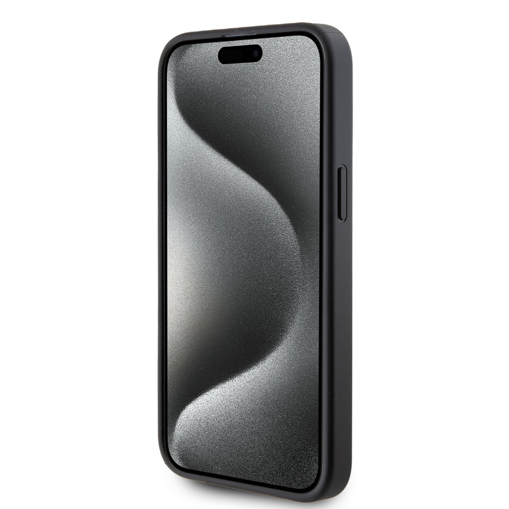 iPhone 15 Pro Case Hülle - Karl Lagerfeld und Choupette Kunstleder Saffiano mit integrierten Kartenhaltern und geprägtem Metalllogo - Schwarz