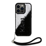 iPhone 15 Pro Case Hülle - Karl Lagerfeld Pailletten Glitters reversible zweifarbig mit abnehmbarem Handgelenk Riemen - Schwarz / Silber