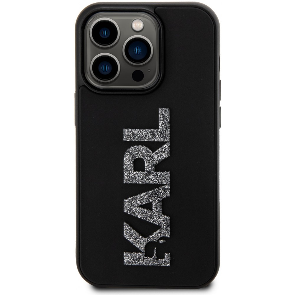 iPhone 15 Pro Max Case Hülle - Karl Lagerfeld mattes Silikon mit glitzerndem 3D-Logo - Schwarz