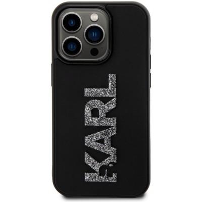 iPhone 15 Pro Max Case Hülle - Karl Lagerfeld mattes Silikon mit glitzerndem 3D-Logo - Schwarz