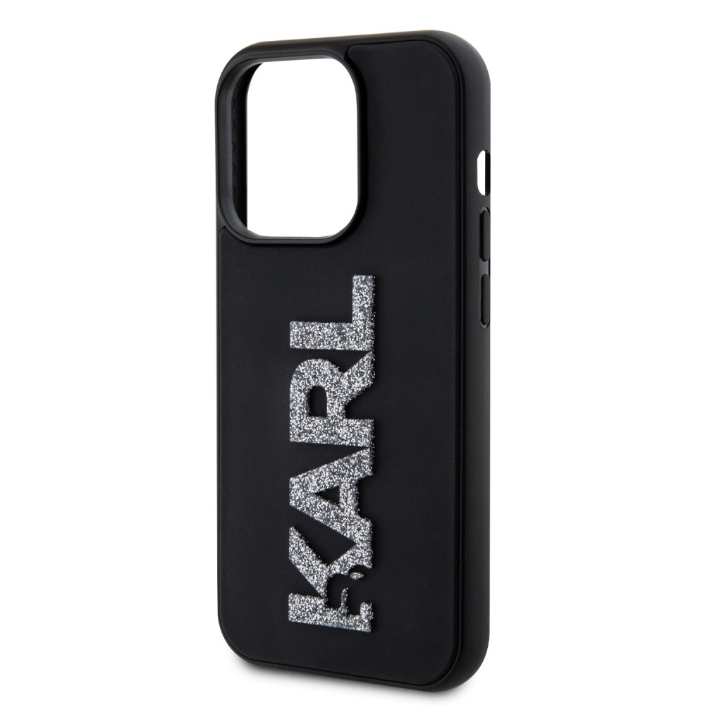 iPhone 15 Pro Max Case Hülle - Karl Lagerfeld mattes Silikon mit glitzerndem 3D-Logo - Schwarz
