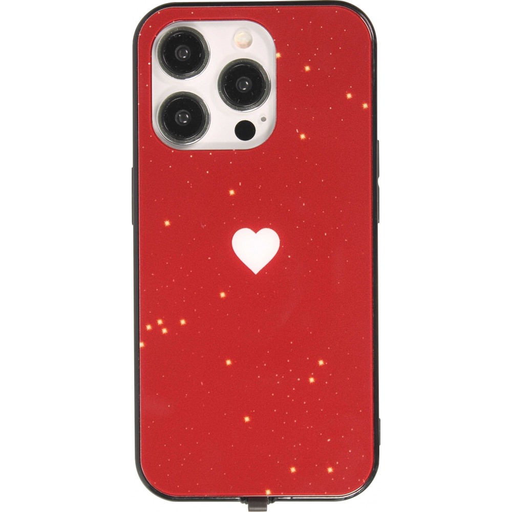 iPhone 15 Pro Max Case Hülle - Silikon Glossy integriertes LED Licht mit USB-C Anschluss - Shiny Heart - Rot