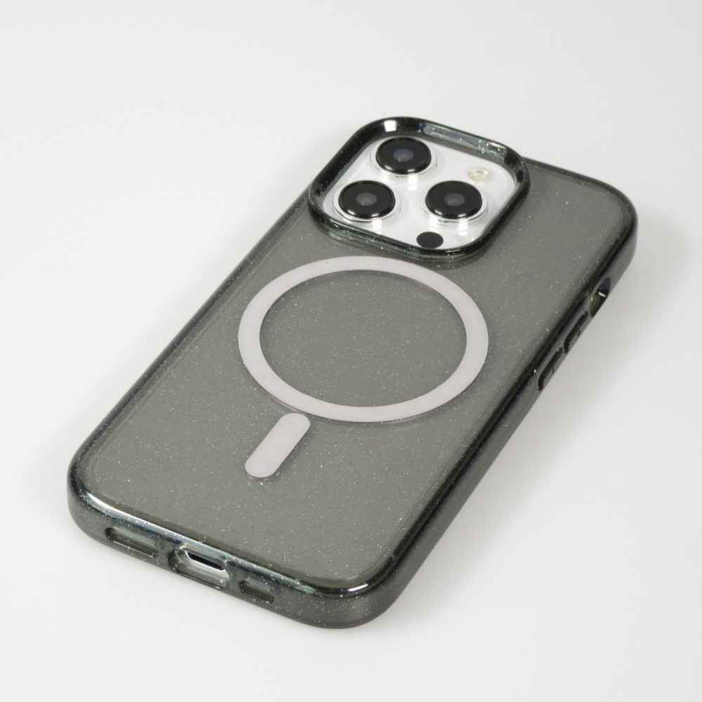 iPhone 15 Pro Max Case Hülle - Hartes Silikon mit Glitzer Rückseite und MagSafe - Schwarz