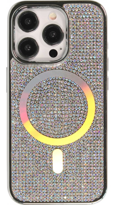 iPhone 15 Pro Max Case Hülle - Silikon starr mit glitzernden Edelsteinen MagSafe - Silber