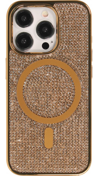 iPhone 15 Pro Max Case Hülle - Silikon starr mit glitzernden Edelsteinen MagSafe - Gold