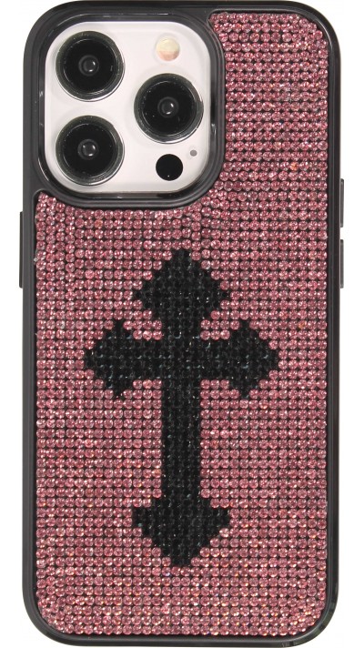 iPhone 15 Pro Max Case H&uuml;lle - Silikon weich mit glitzernden Edelsteinen Gothic Cross - Violett