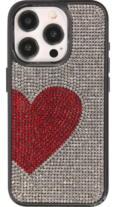iPhone 15 Pro Max Case Hülle - Silikon weich mit glitzernden Edelsteinen Red Heart - Weiss
