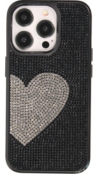 iPhone 15 Pro Max Case Hülle - Silikon weich mit glitzernden Edelsteinen White Heart - Schwarz