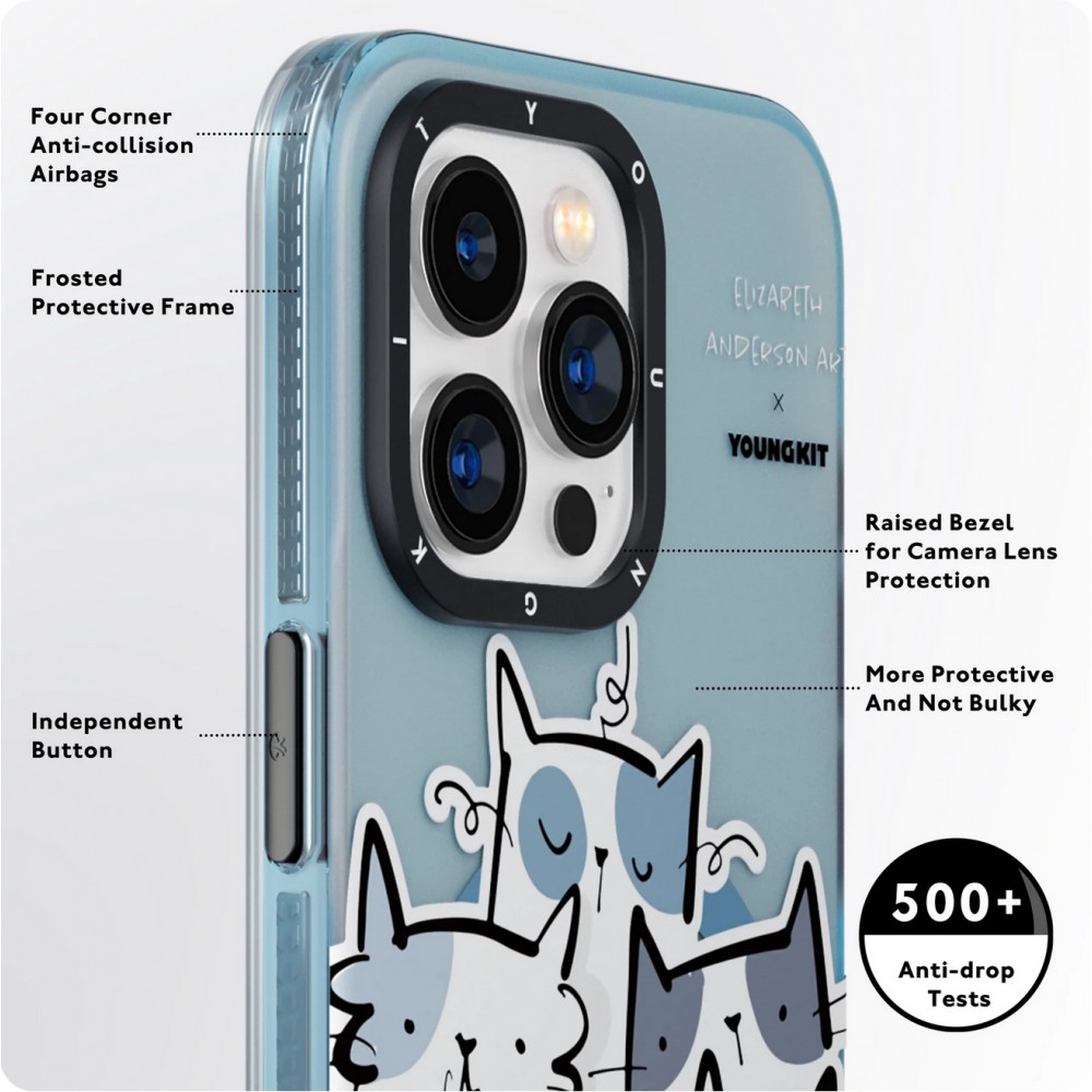 iPhone 15 Pro Case Hülle - Youngkit @Elizabeth Anderson Art Love Cat Case mit Magsafe  - Blau