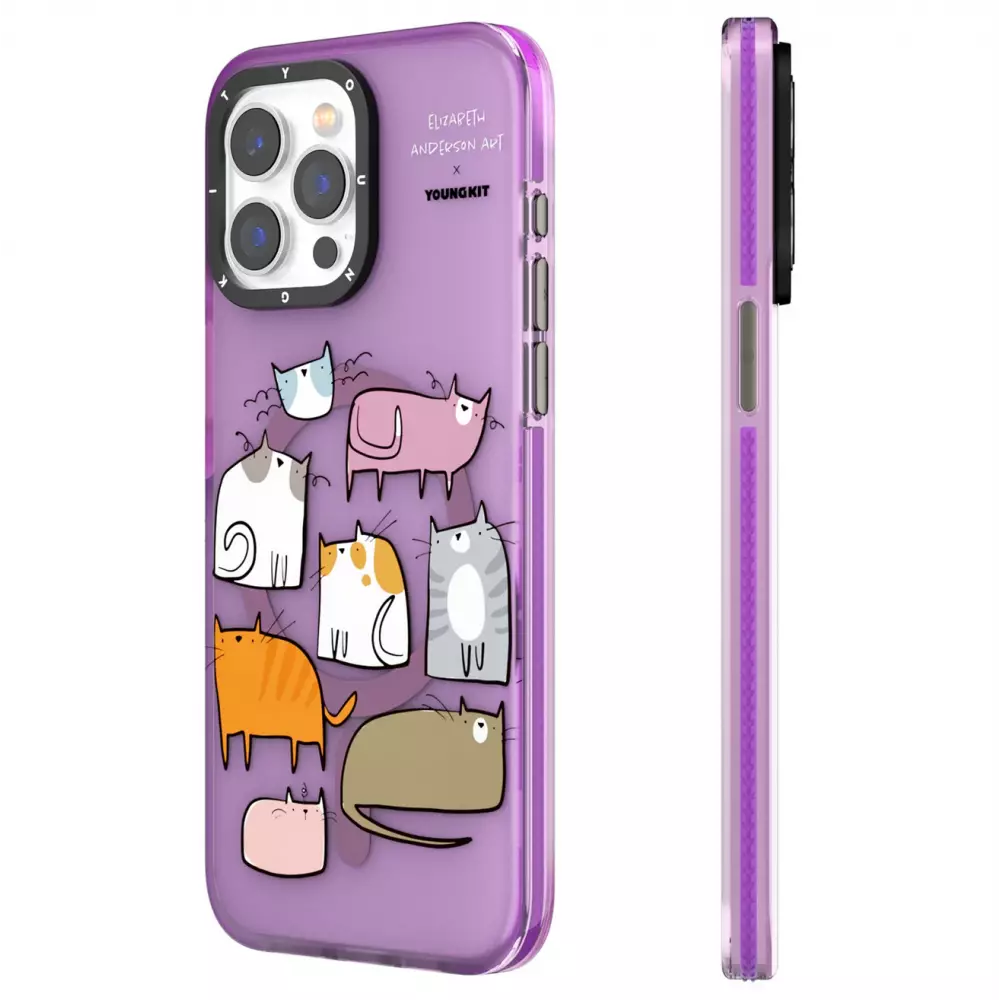 iPhone 15 Pro Case Hülle - Youngkit @Elizabeth Anderson Art Love Cat Case mit Magsafe  - Violett