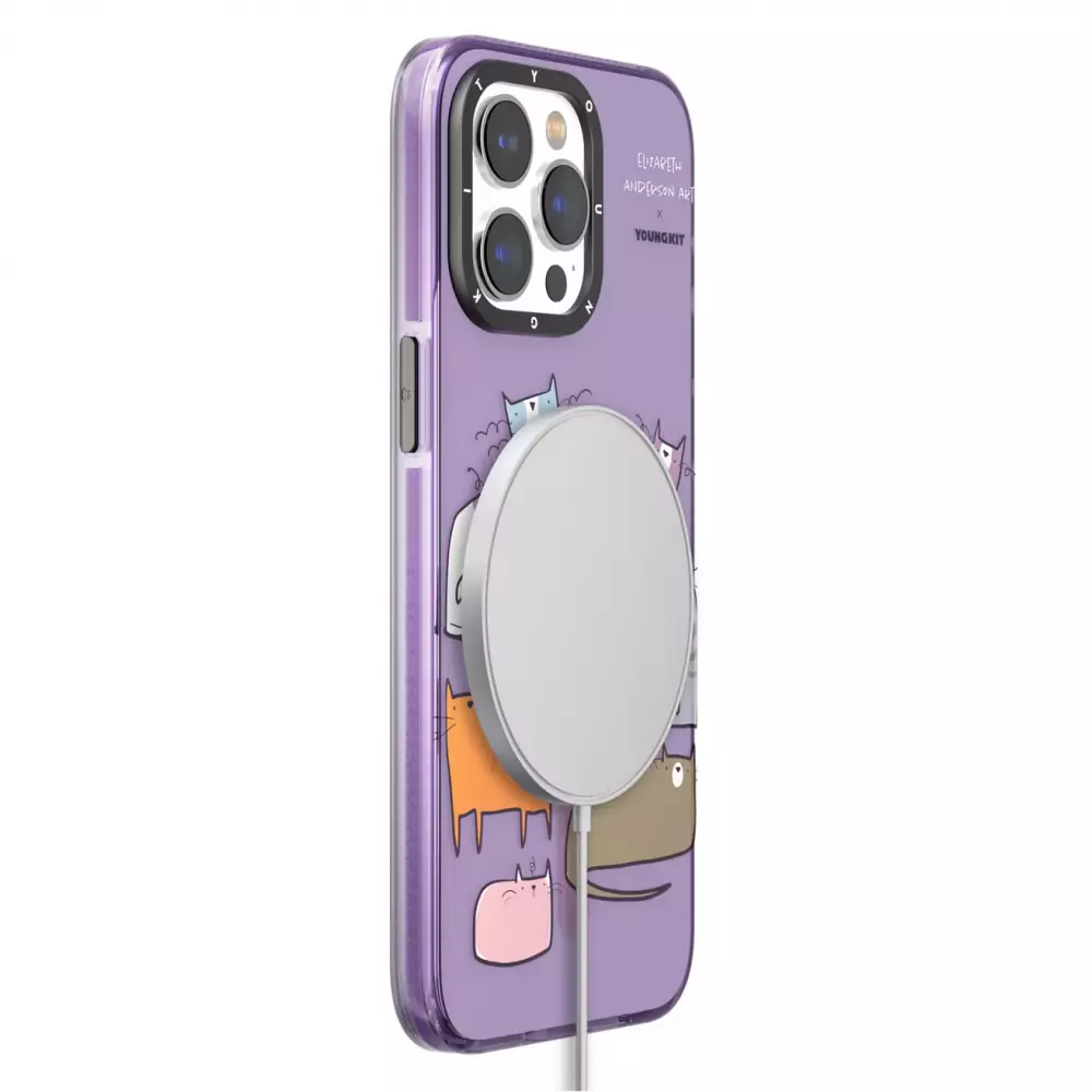 iPhone 15 Pro Case Hülle - Youngkit @Elizabeth Anderson Art Love Cat Case mit Magsafe  - Violett