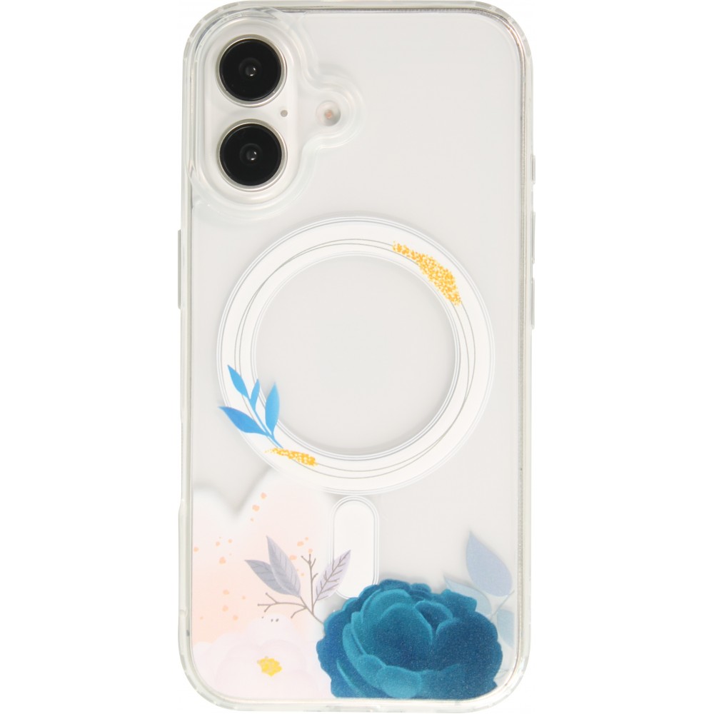 iPhone 16e Case Hülle - Gummi Silikon steif mit MagSafe blaue Rose - Transparent