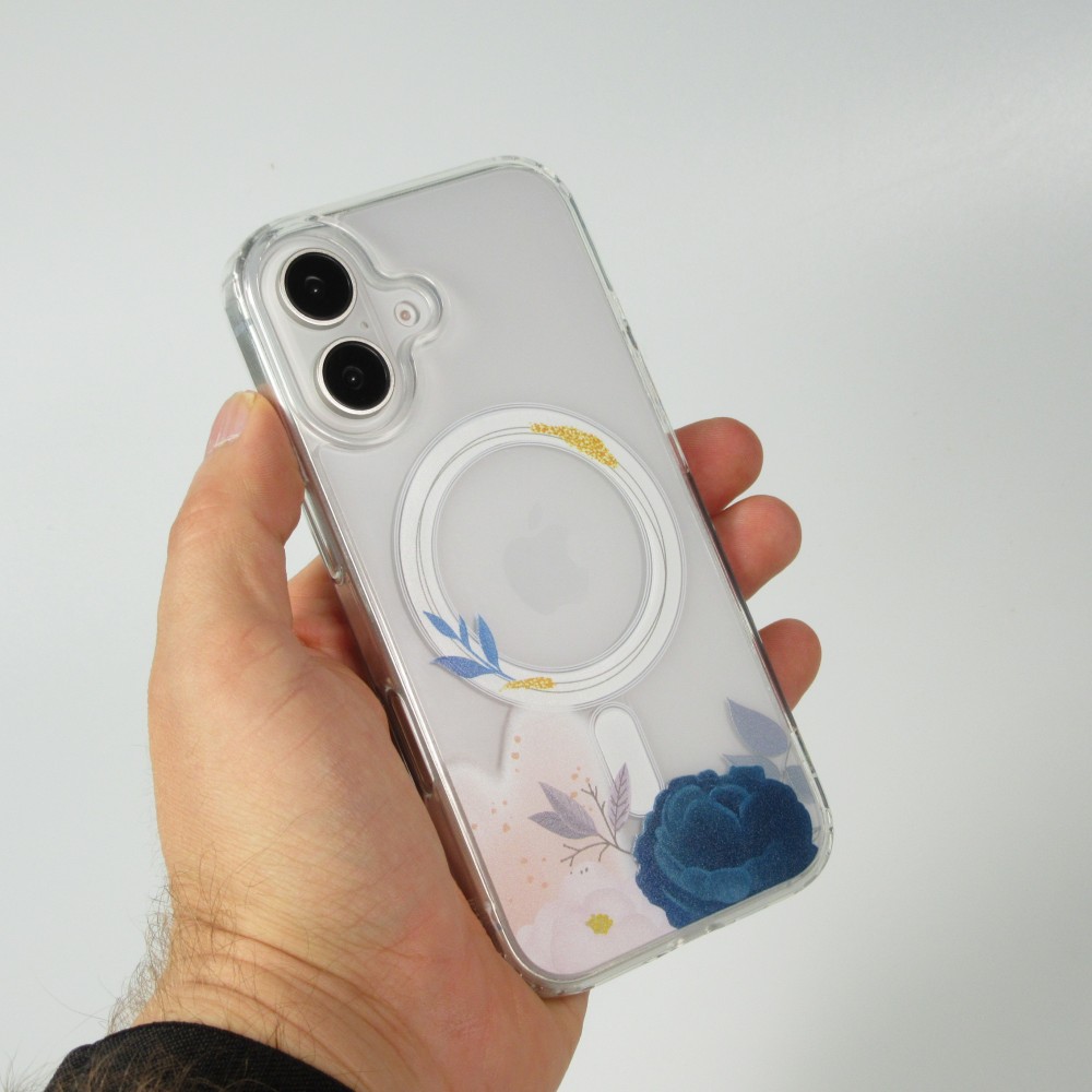 iPhone 16e Case Hülle - Gummi Silikon steif mit MagSafe blaue Rose - Transparent