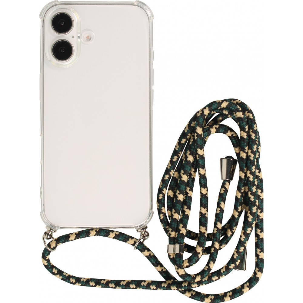 Coque iPhone 16 - Gel transparent bumper avec lacet - Vert / or