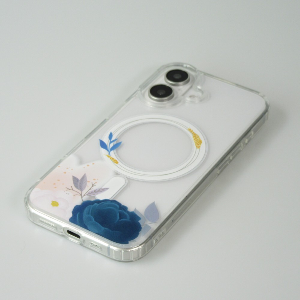 iPhone 16 Plus Case Hülle - Gummi Silikon steif mit MagSafe blaue Rose - Transparent