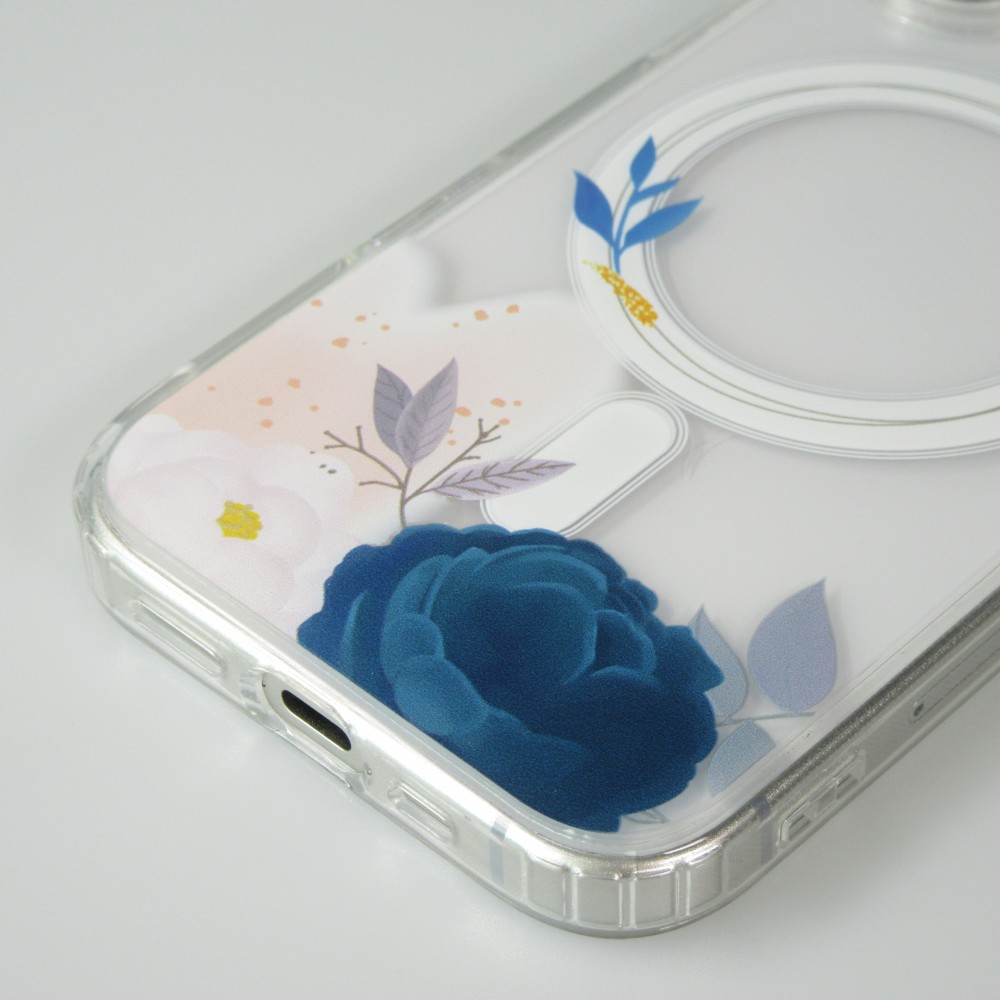 iPhone 16 Plus Case Hülle - Gummi Silikon steif mit MagSafe blaue Rose - Transparent